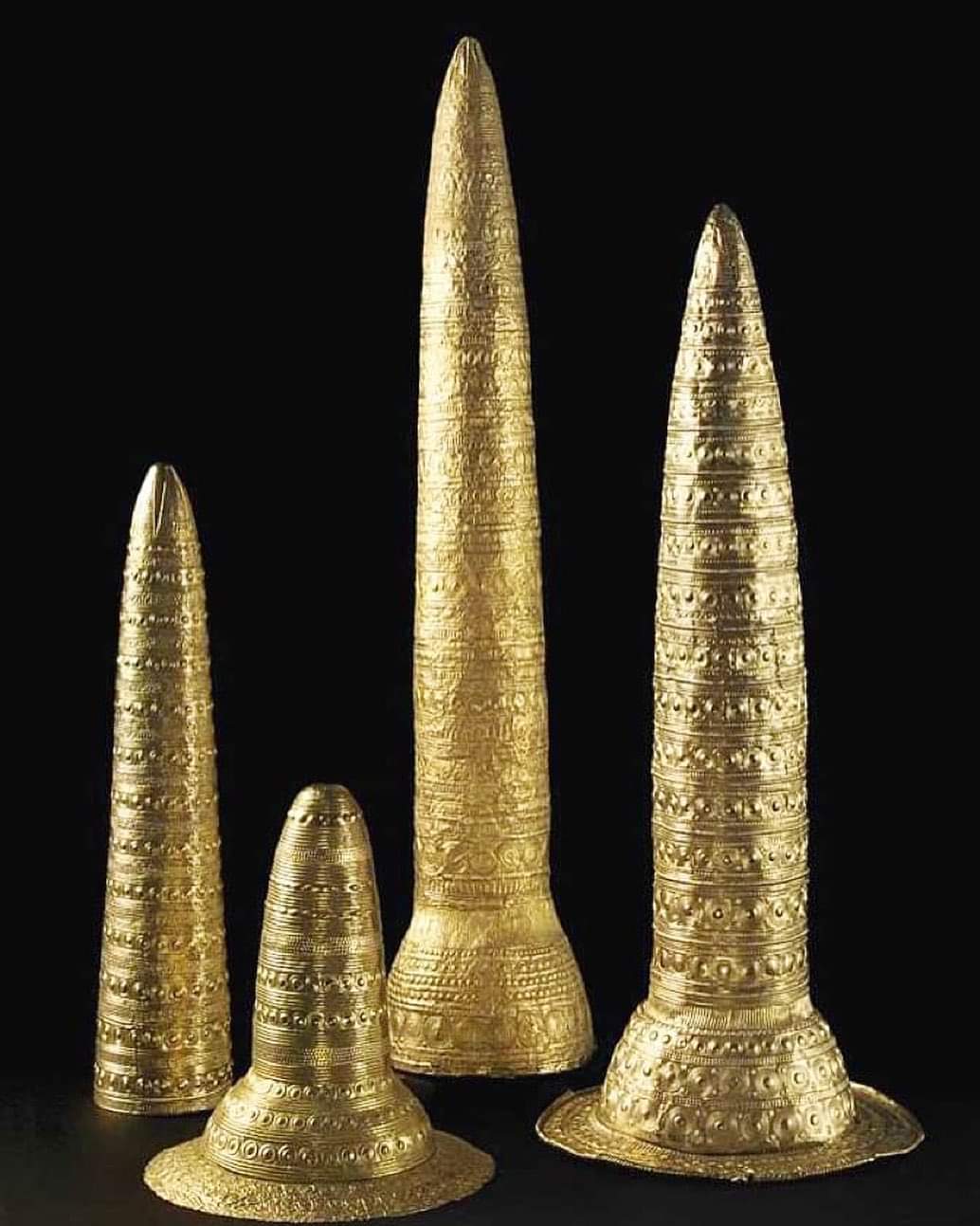 The Golden Hats, dating from 1400–800 BC, are associated with the Bronze Age Urnfield culture of Central Europe.jpg