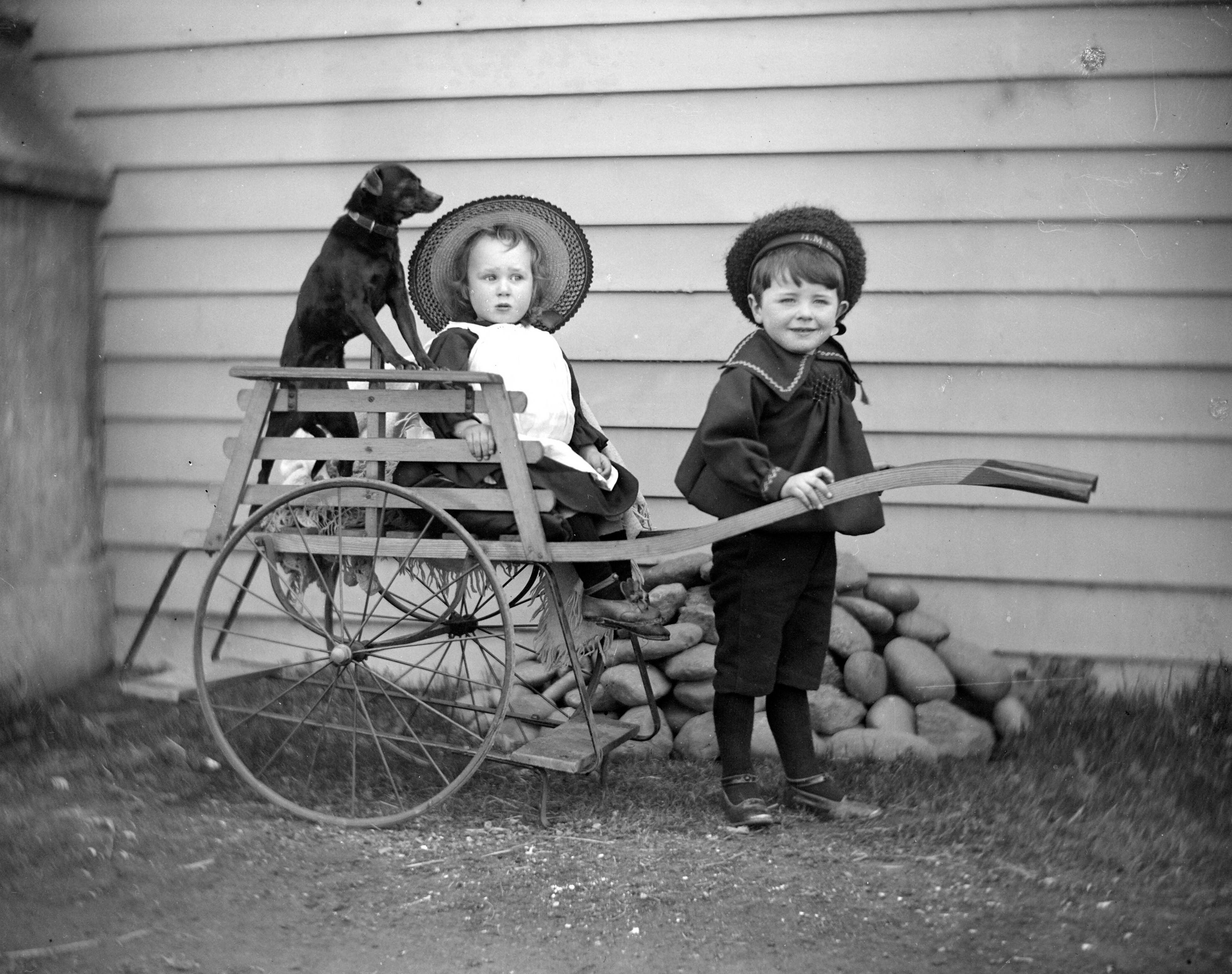 Edgar Williams and an unidentified child with a dog in Dunedin, New Zealand circa 1893.png