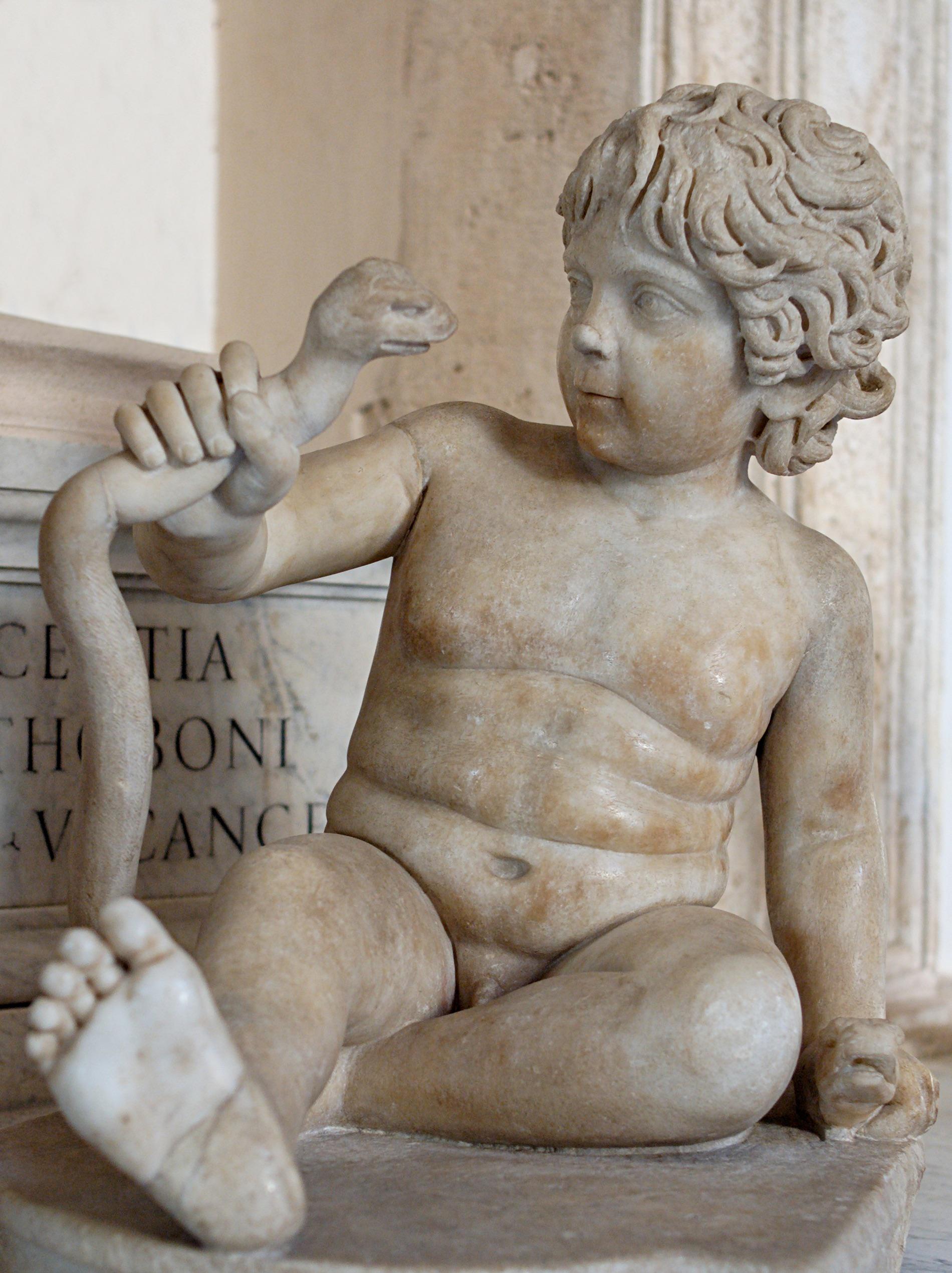 Herakles as a boy strangling snakes. Marble, Roman artwork, 2nd century CE, Musei Capitolini (Capitoline Museums).jpg