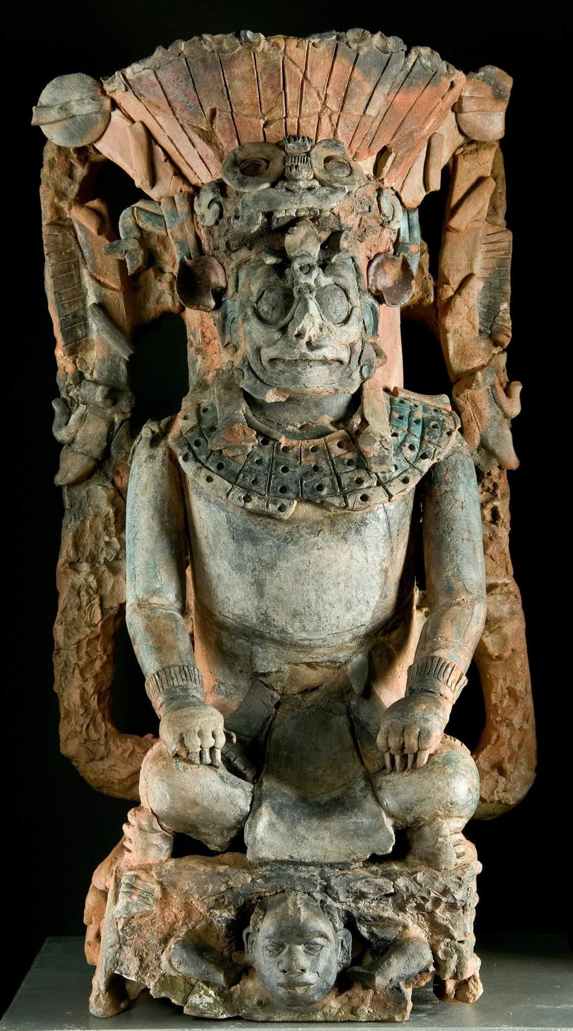 A Maya clay incense burner in the form of the Jaguar God of the Underworld. 226 BCE-799 CE.jpg