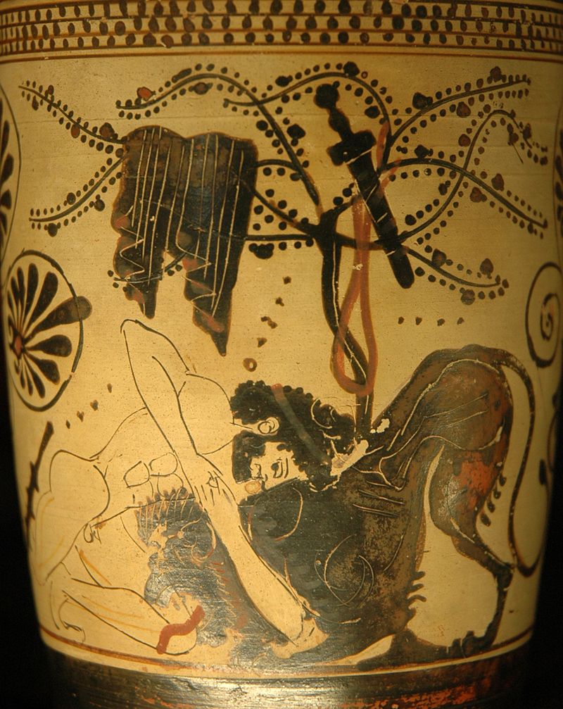 Heracles fights the Nemean lion as the main theme of a white-ground lekythos from ancient Athens dated 500-450 B.C.jpg