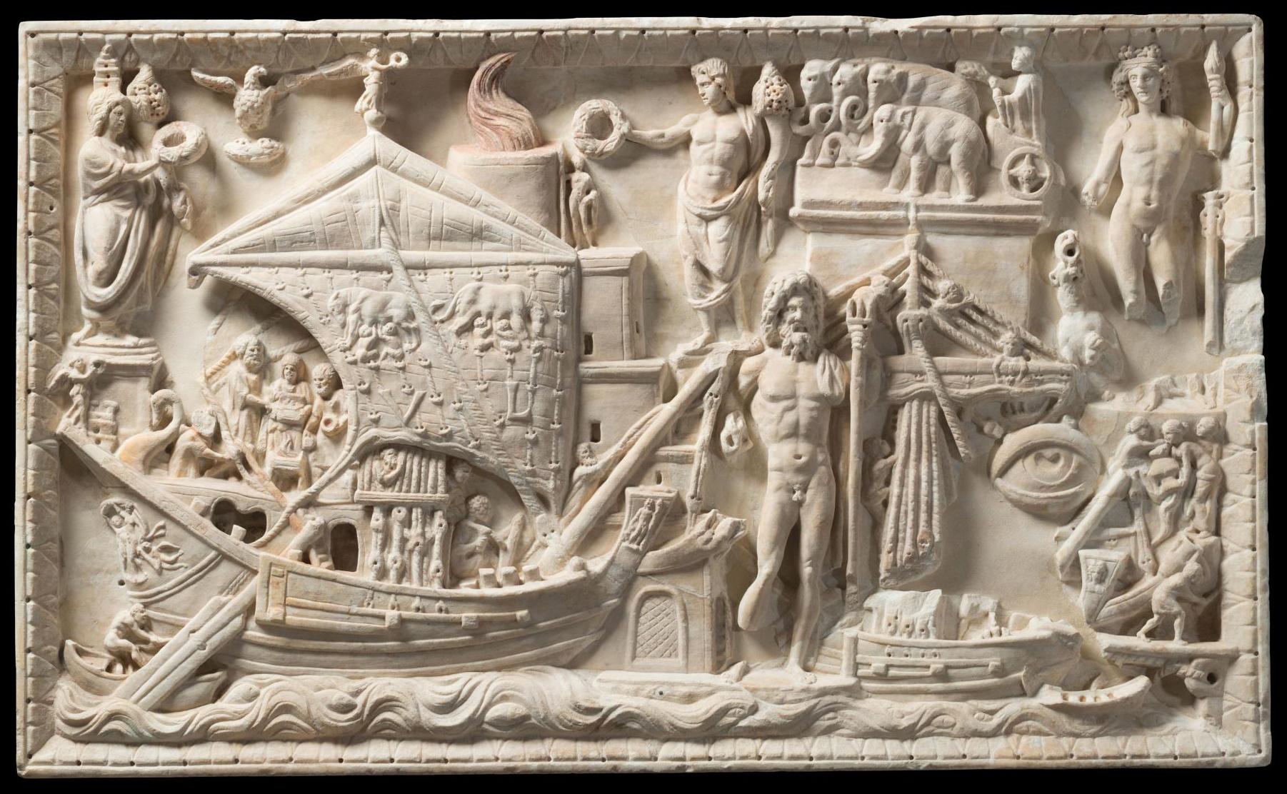 Marble bas-relief depicting scenes at the Portus Augusti [Rome's harbour]. Roman imperial era. From Torlonia collection, MT 430.jpg