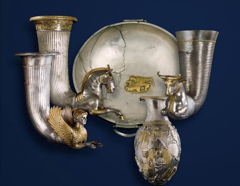 Thracian gilt-silver table set, discovered in 1974 at Borovo, Bulgaria. 4th century BC.jpg