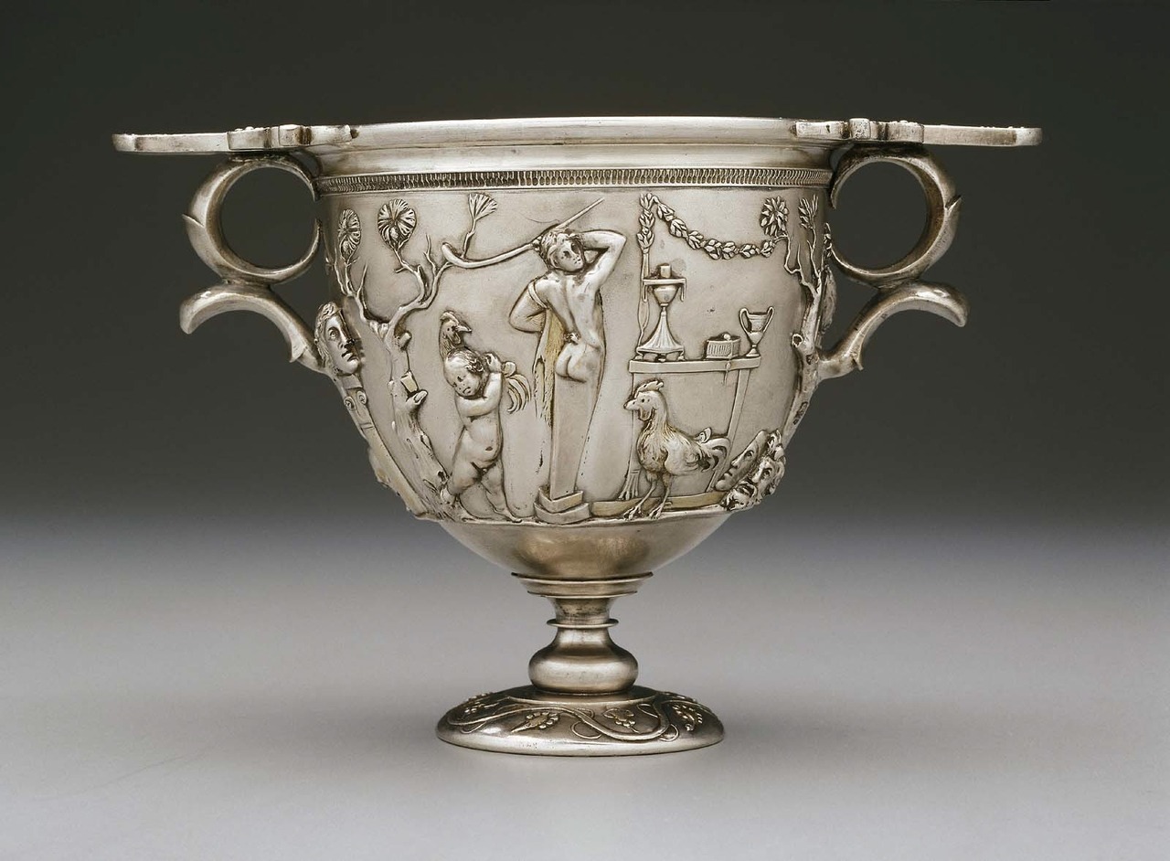Two-handled cup (skyphos) with Bacchic scenes. Early Imperial Roman, A.D. 1–30. Silver, with traces of gold leaf.jpg