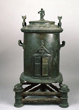 Ancient Boiler. The device was used to produce hot water while resting on an iron tripod. Found inside of a villa at Pompeii..jpg