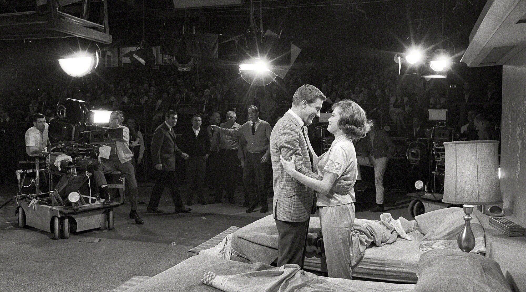 Dick Van Dyke and Mary Tyler Moore on the set of The Dick Van Dyke Show. 1963.jpg