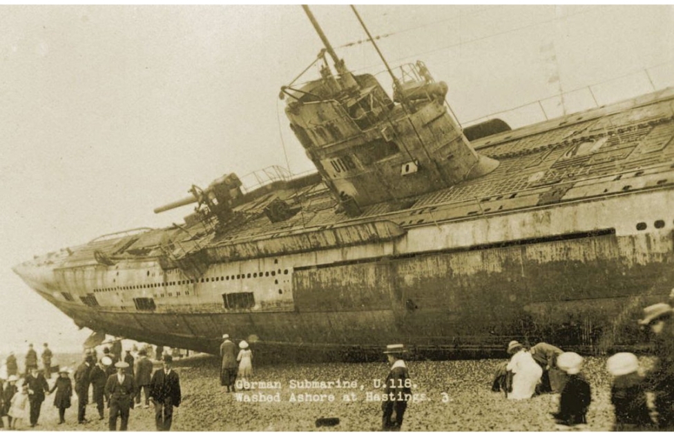 A WWI-era German submarine washed ashore in Hasting, England, in 1919.jpg