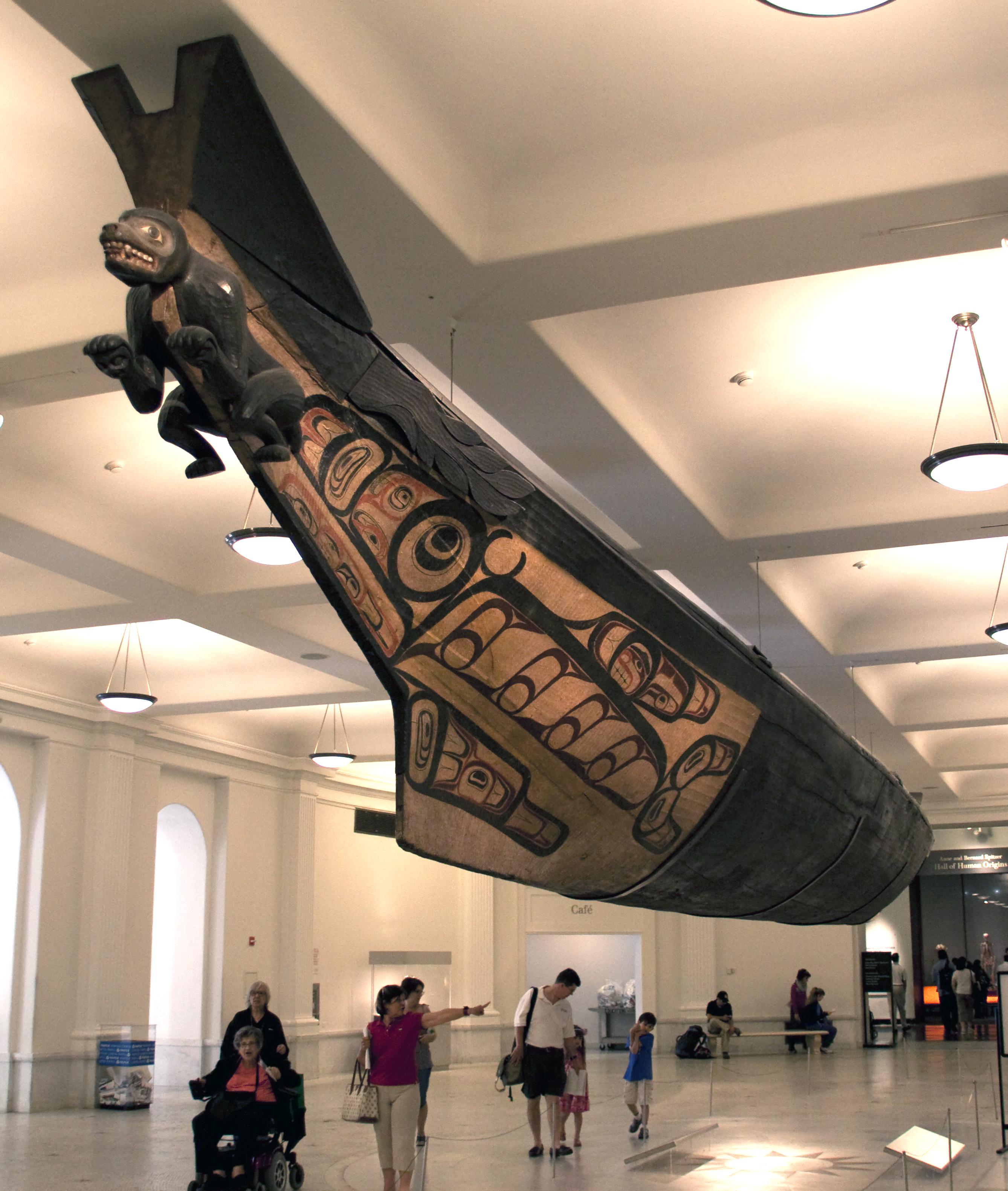 The Great Canoe carved from a single Western red cedar tree in the 1870s. Shows design elements from both the Heiltsuk and Haida Nations of the Pacific Northwest Coast.jpg