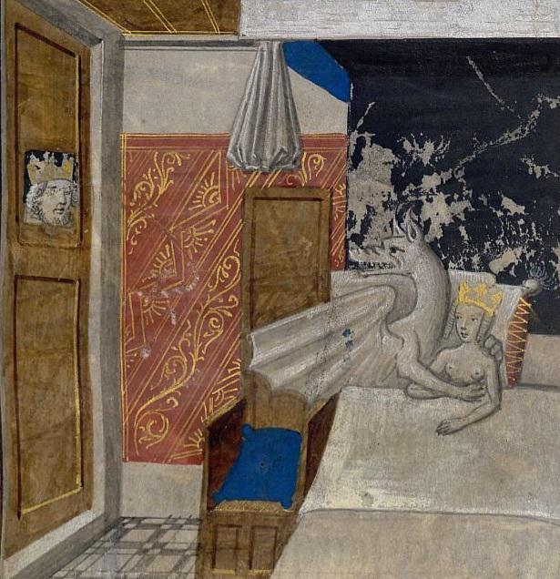 Les faize d'Alexandre, Bruges, c.1468-1475 - King Phillip of Macedon is seen peeking as his wife Queen Olympias has sex with a dragon (a Medieval illustration of how Alexander the Great was conceived).jpg
