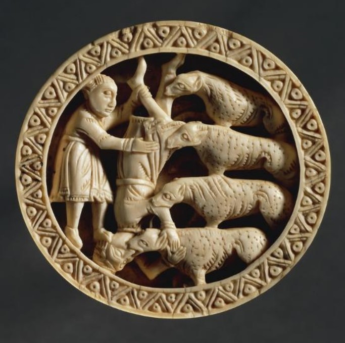 Enemy's Corpse Being Fed to Wolves, Walrus Ivory Checker Piece, 12th Century.jpg