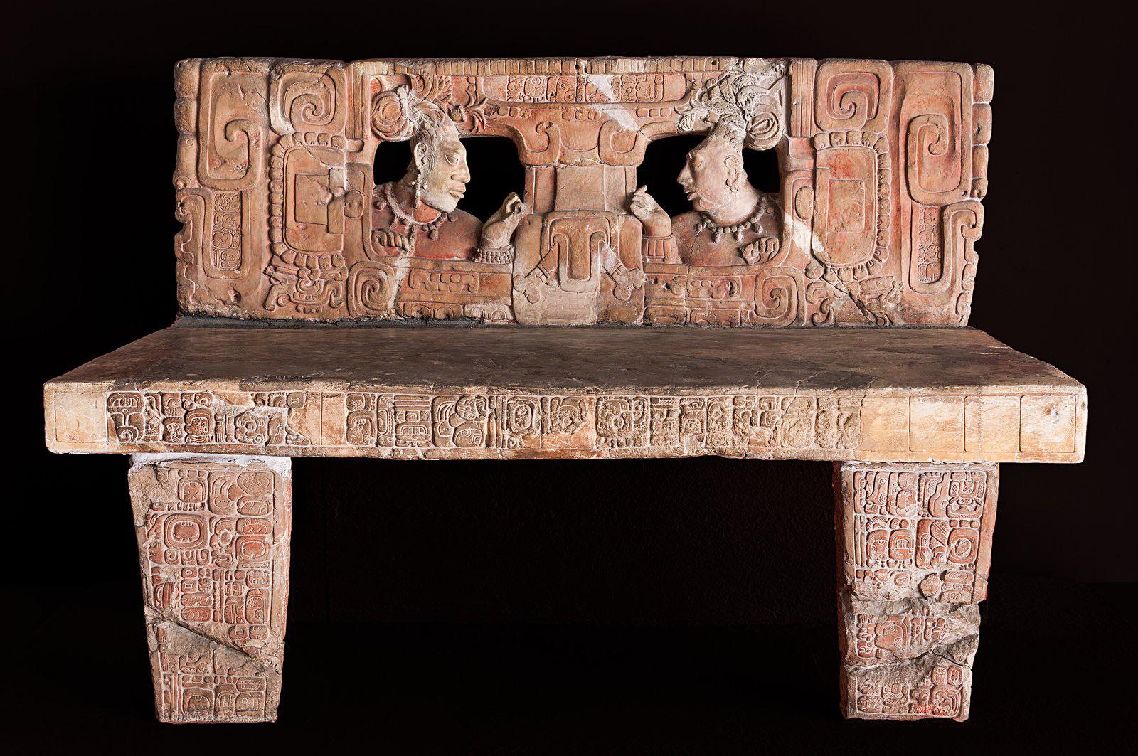 Maya throne featuring two lords in the eyes of a mountain, from Piedras Negras, Guatemala. Currently on loan to the Metropolitan Museum of Art in NYC.jpg