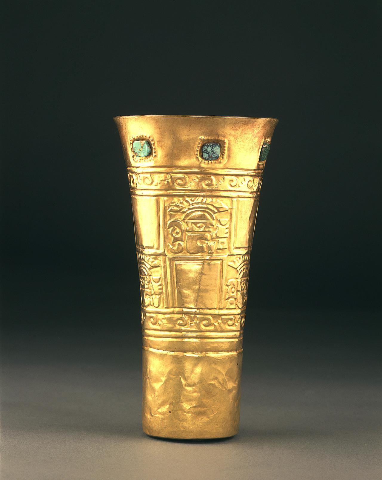 Lambayeque Gold cup, decorated with turquoise, from Peru, 900-1100. Dumbarton Oaks Museum.jpg