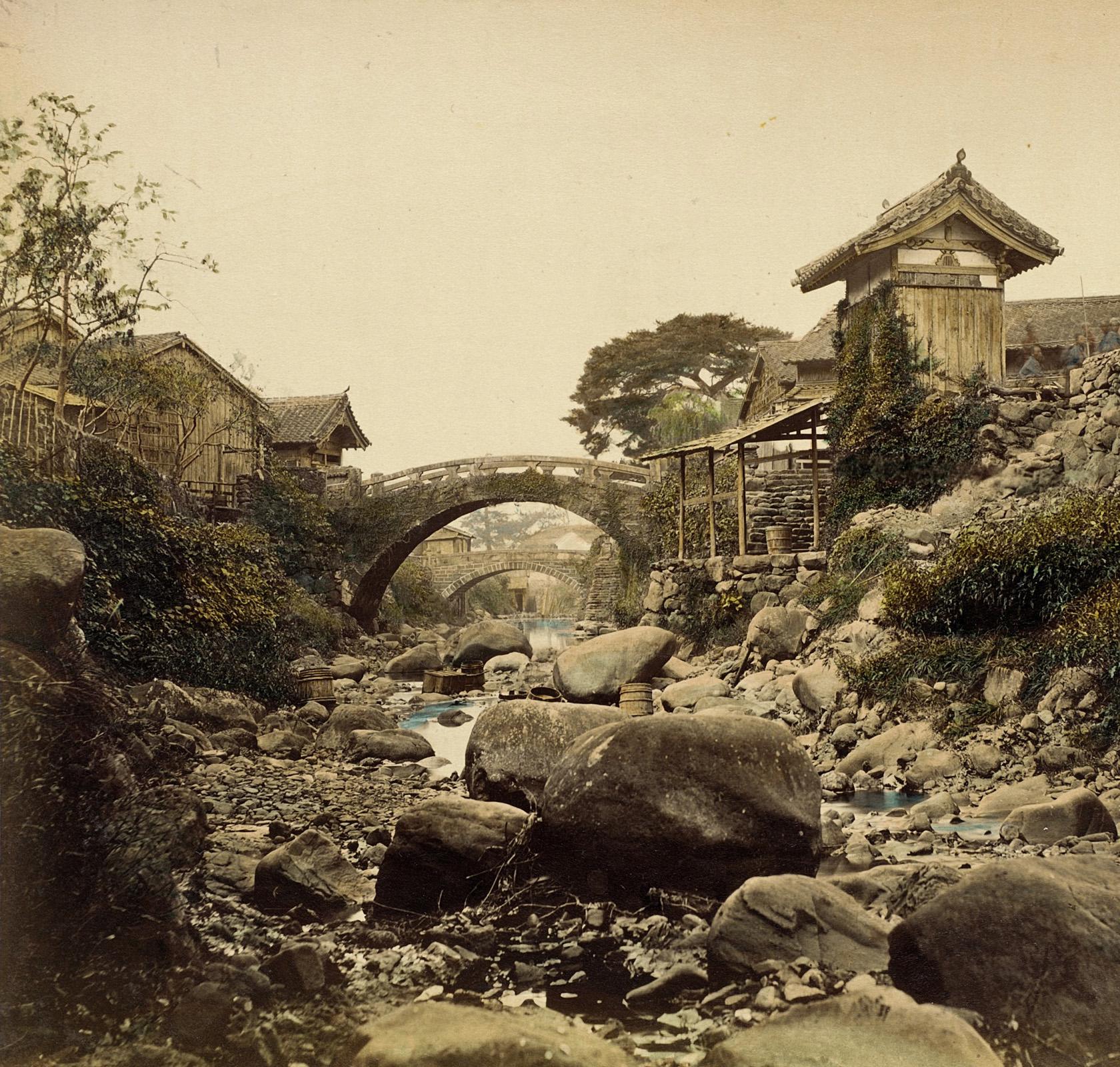 Amidabashi and Kōraibashi bridges in the old town of Nagasaki, built by a merchant. Japan, Edo period, 1690. Photo taken in 1865.jpg