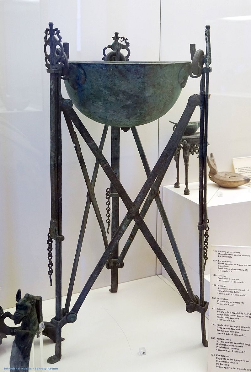 Roman bronze tripod. Dated to III-IV century CE. Only the tripod is original, the pool (vessel) is a modern supplement.jpg