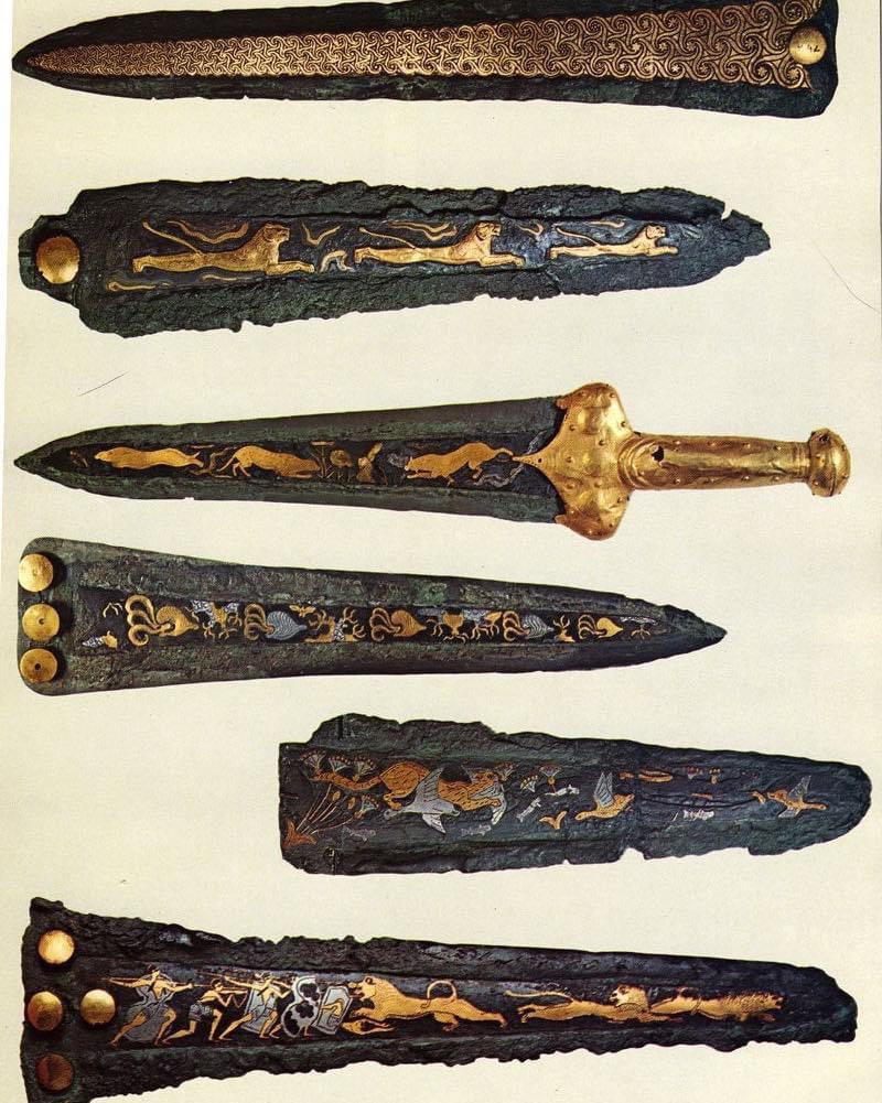 Mycenaean daggers, made of silver and gold. Found in shaft graves 4-7 in Grave Circle A, 1550-1500 B.C.jpg