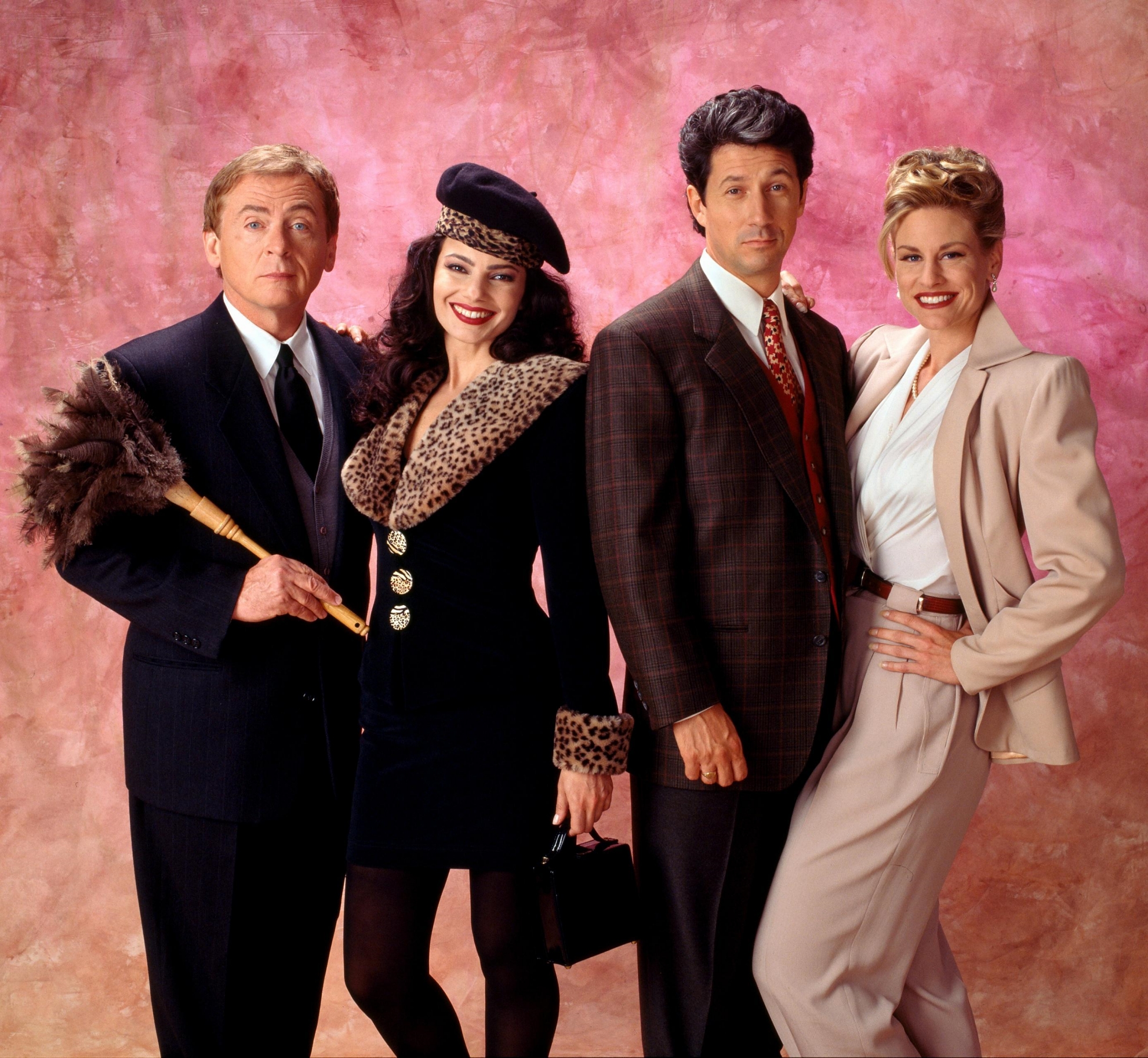 The Cast from 'The Nanny', Daniel Davis, Fran Drescher, Charles Shaughnessy and Lauren Lane, 1993.jpg