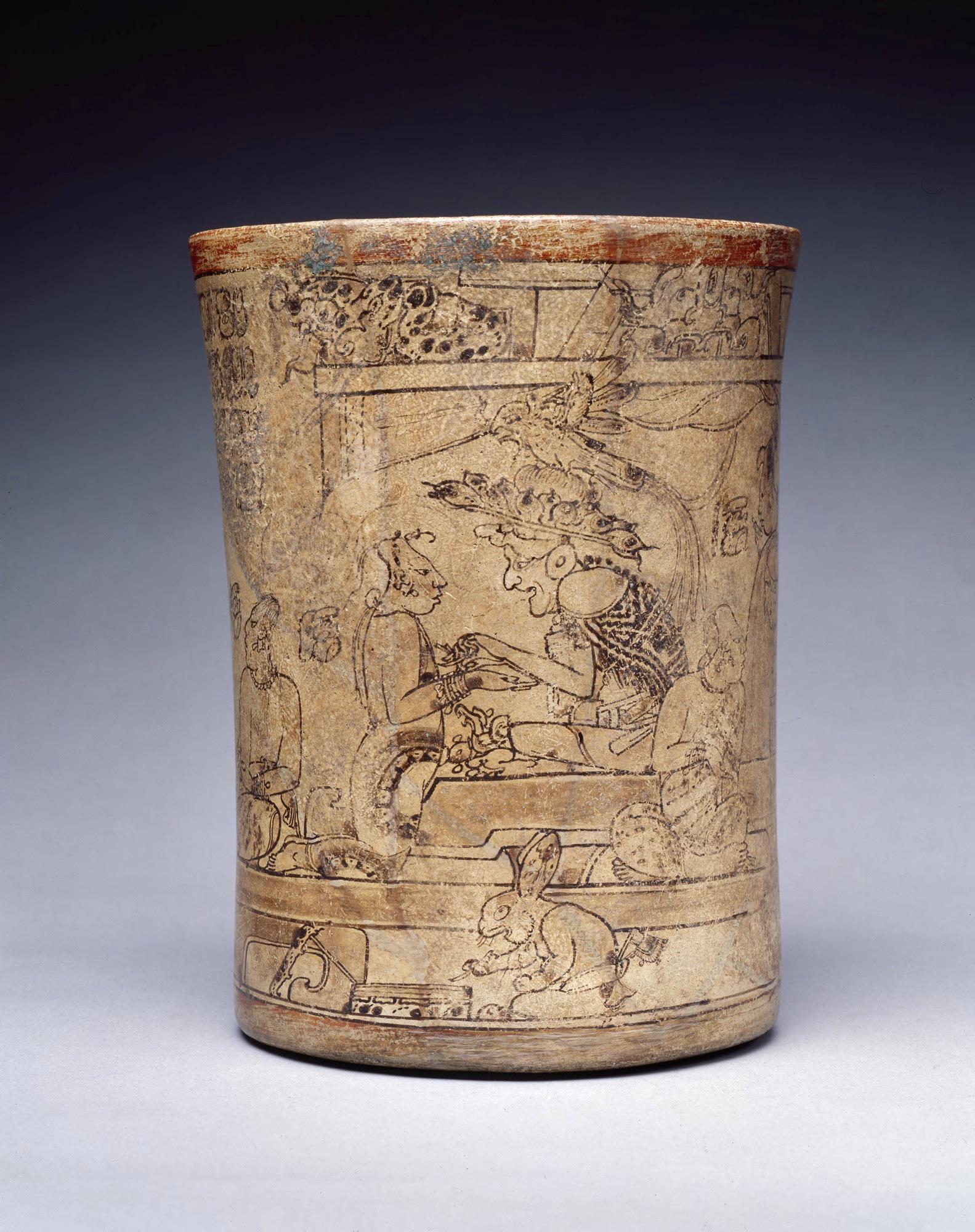 The Princeton Vase, a vessel utilized in the drinking of chocolate. A mythological scene centered around God L in his palace. Classic Maya, 670-750 CE.jpg