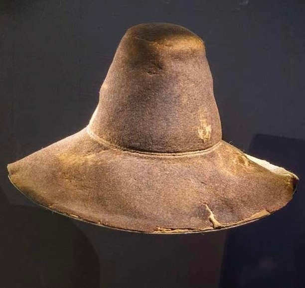 A 600-year-old medieval hat from Lappvattnet. The hat, which is made of felted sheep’s wool, was preserved in a bog. Now housed at the Västerbottens Museum in Sweden.jpg