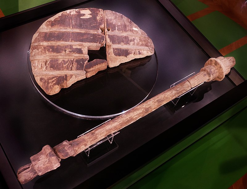 The wooden wheel found in the Ljubljana Marsh, Slovenia, in 2002. Radiocarbon dating showed that it was approximately 5,100-5,350 years old, which makes it the oldest wooden wheel yet discovered.jpg
