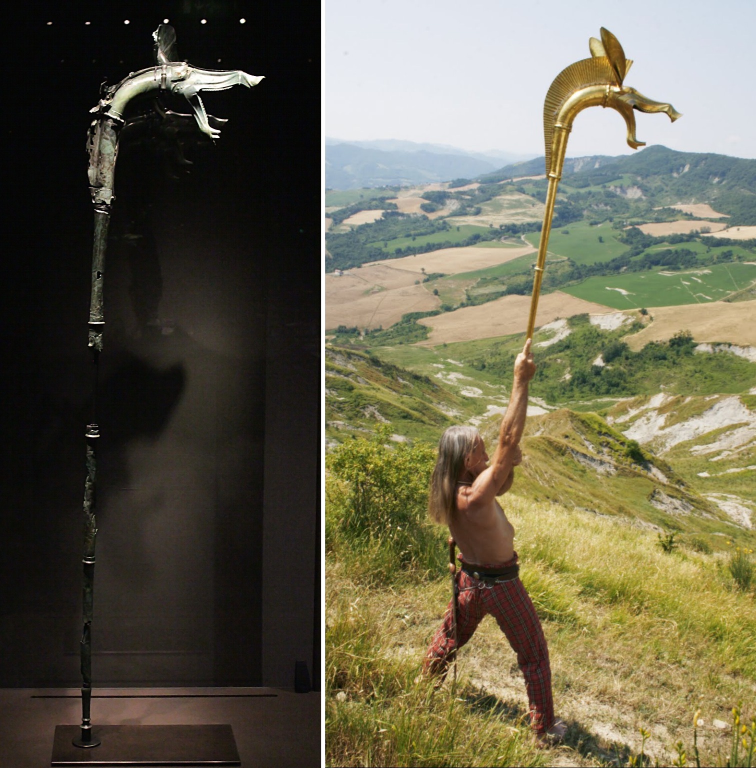 A nearly complete 1st century BCE carnyx found in 2004 at Tintignac, France (a reconstruction in the right). The carnyx was a war horn used by the Iron Age Celts between c. 200 BCE and c. 200 CE.jpg