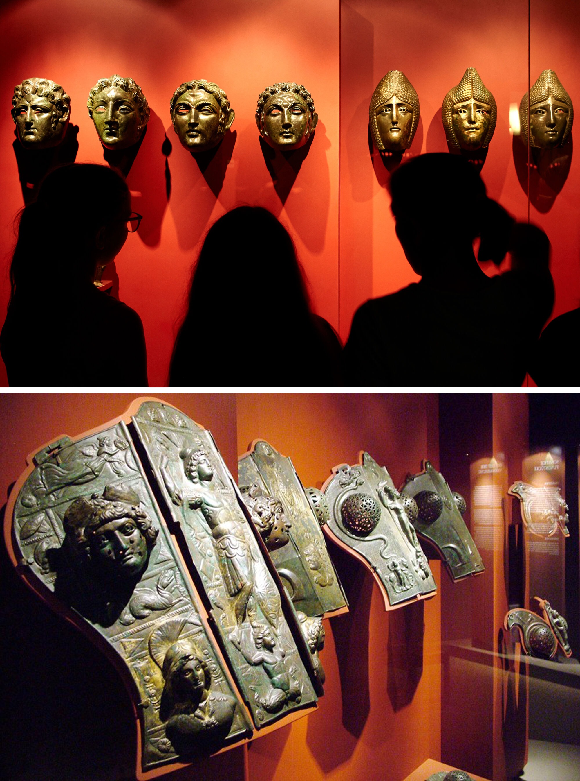 Seven Roman cavalry face masks and shaffrons (Horse's Head Defense) found in Straubing, Germany. 3rd century CE, now housed at Gäubodenmuseum.jpg
