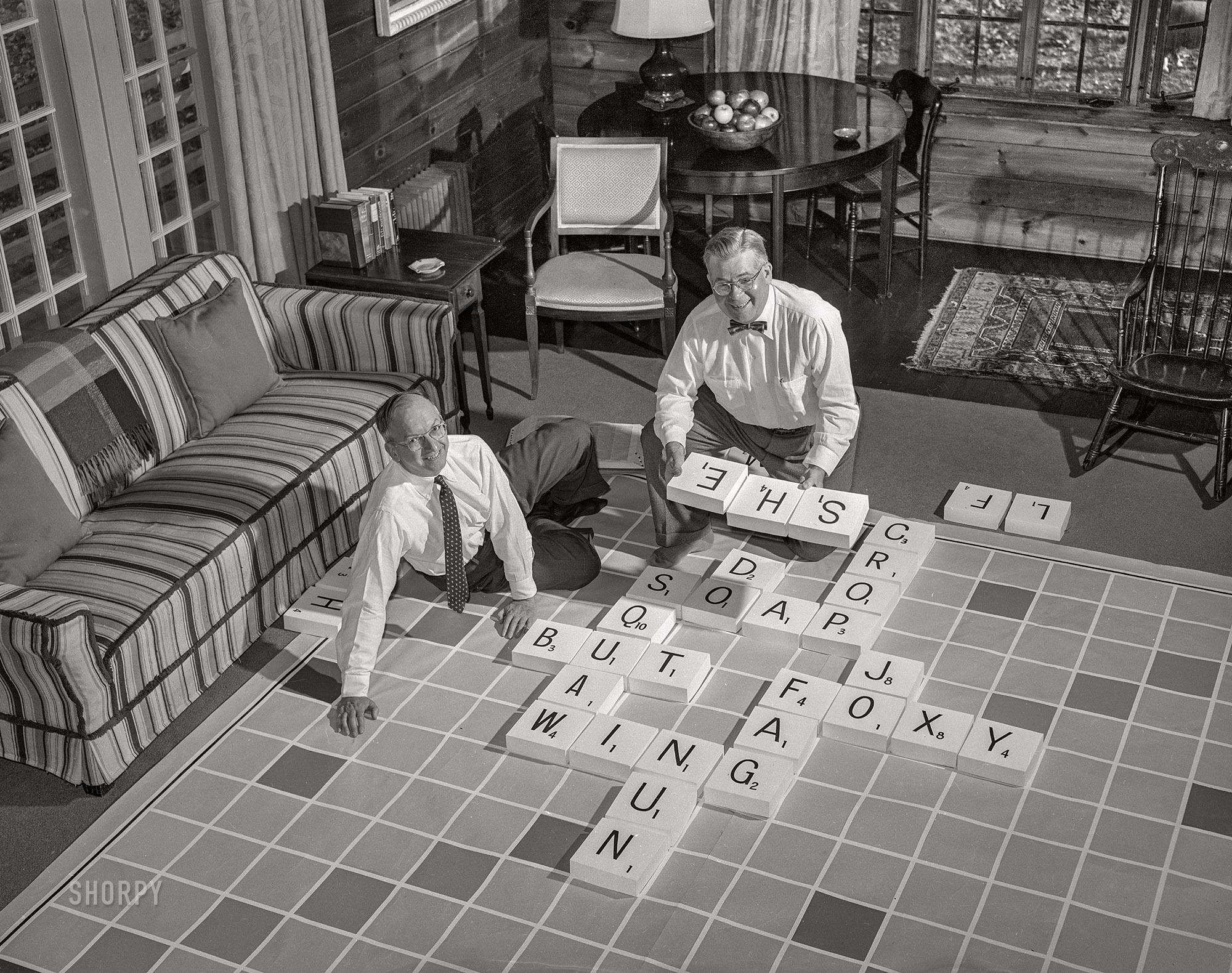 Alfred Mosher Butts, the inventor of Scrabble and promoter James Brunot in 1953.jpg