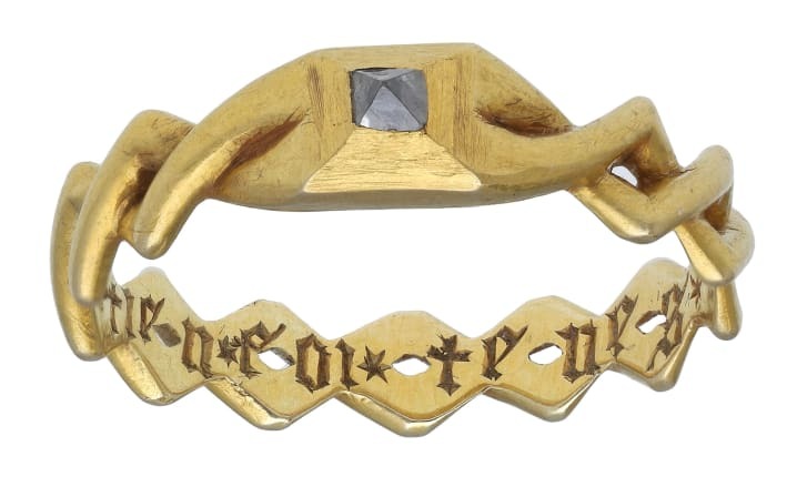 A medieval diamond wedding ring found near Thorncombe, in southwestern England. Location & value suggest it belonged to Joan Brook, given by her husband, Thomas Brook in 1388.jpg