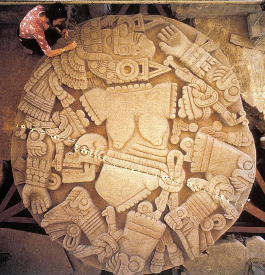The stone discovered at the Templo Mayor in Mexico City, depicting the mythical being Coyolxāuhqui, in a state of dismemberment by her brother, the patron deity of the Aztecs, Huitzilopochtli.jpg