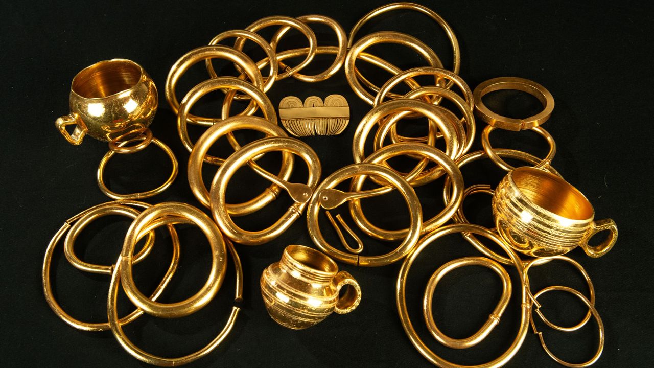 The Treasure of Caldas de Reis, one of the largest known hoards of gold in European prehistory and the largest in Iberian prehistory - 41 pieces of high-purity alluvial gold, approximately 15 kg. 2,250-1,500 BCE.jpg