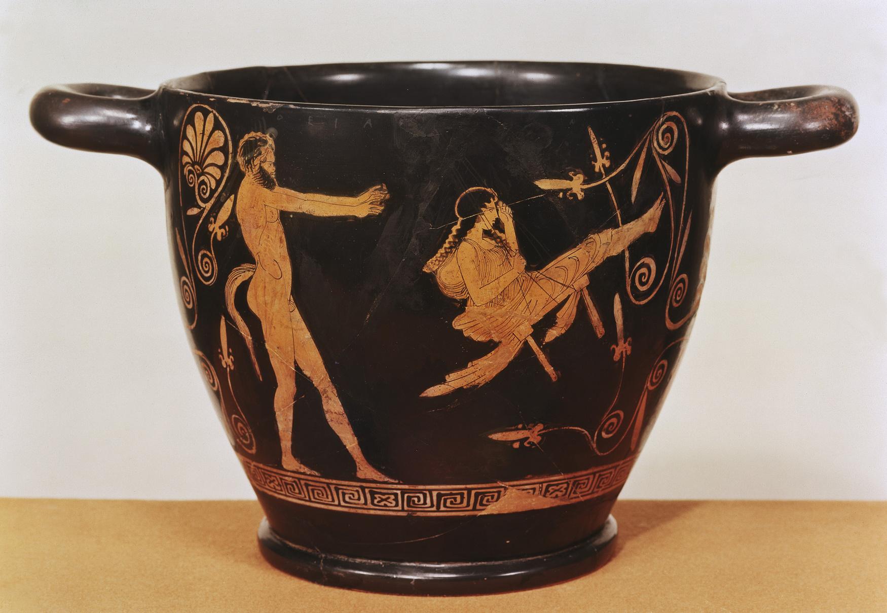 Attic skyphos [cup], with a scene of a satyr pushing a girl on a swing. Chiusi, mid 5th c. BCE. Berlin museums.jpg