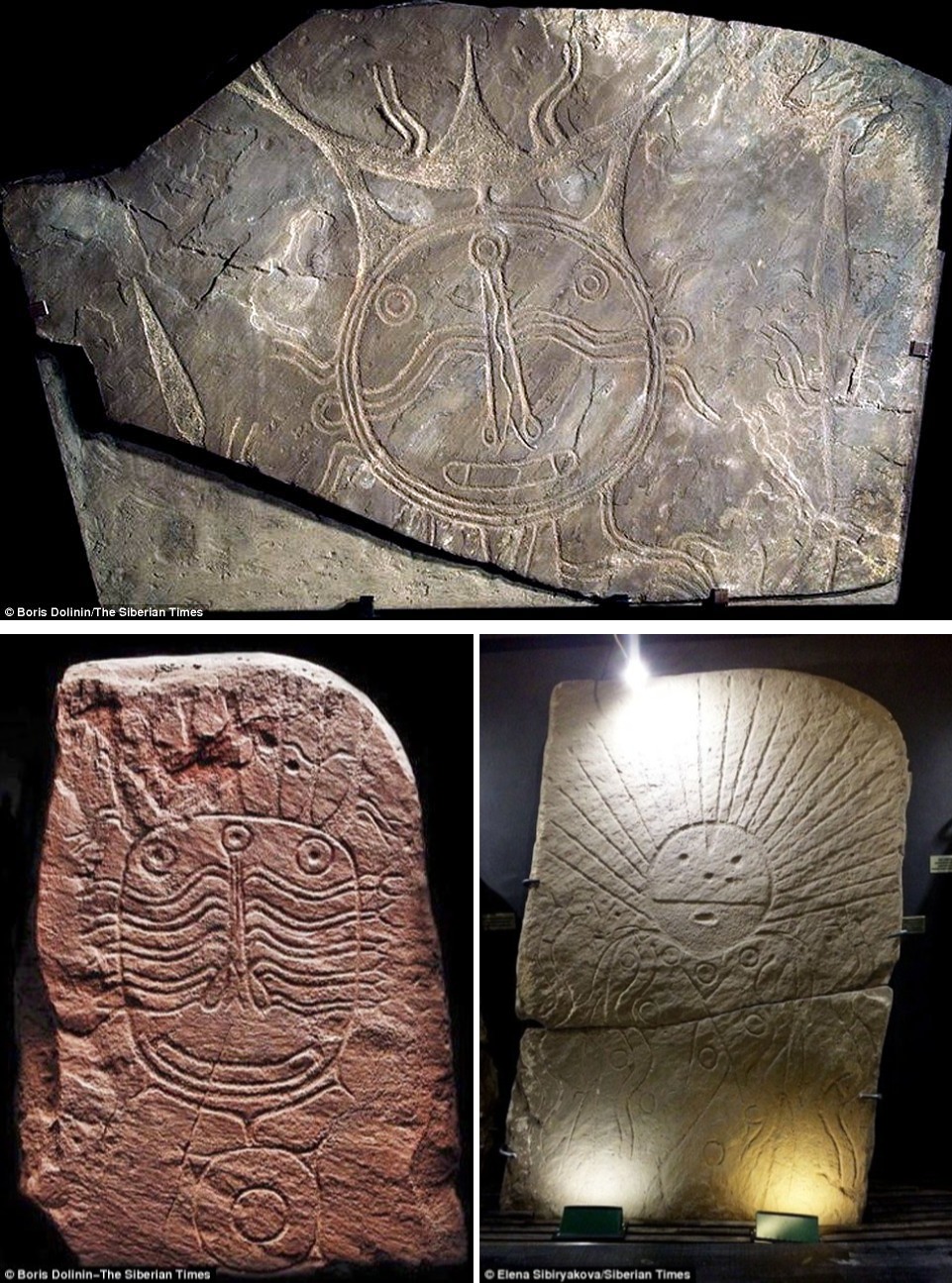 Stone stelae (up to 4 meters tall), belonging to the Okunev culture in south Siberia. Late 3rd millennium BCE-early 2nd millennium BCE, Khakassia National Museum of Local History, Russia.jpg