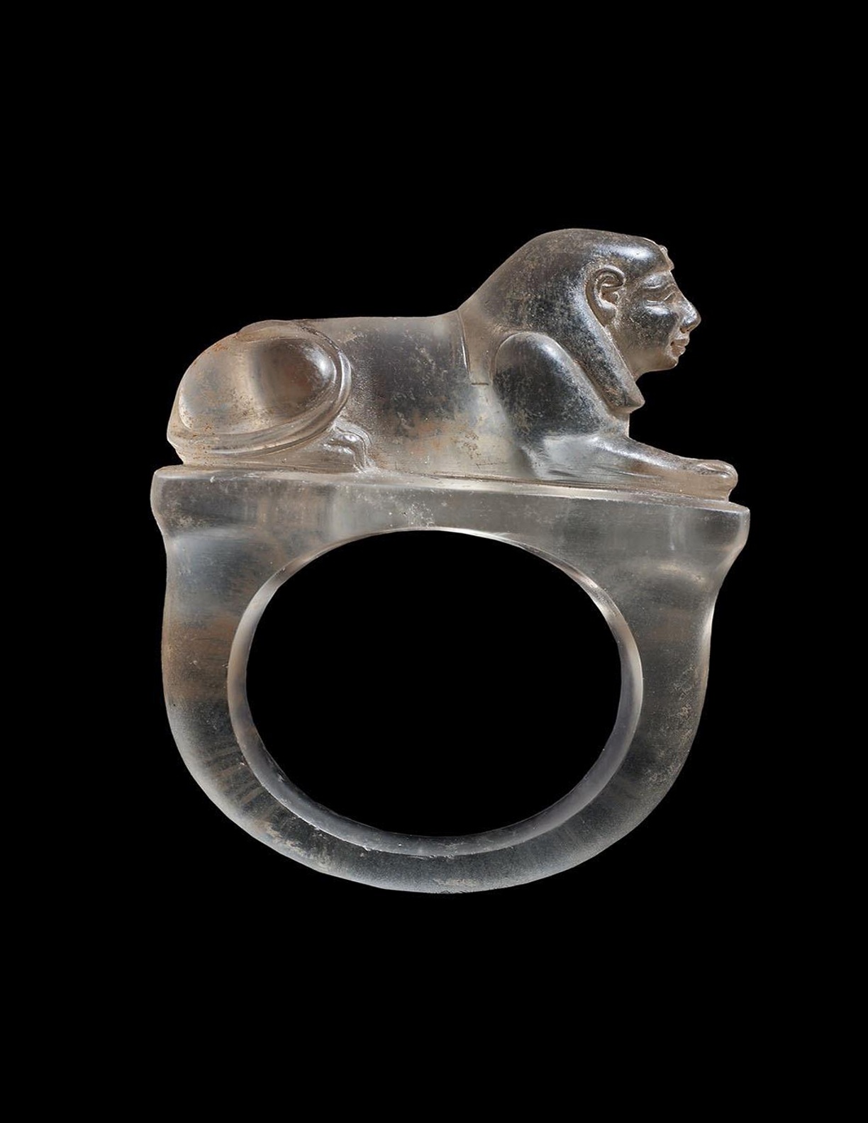 Ancient Egyptian rock crystal ring, carved into the shape of a sphinx. The ring dates to the 19th-20th dynasty, or 1295-1069 BCE.jpg