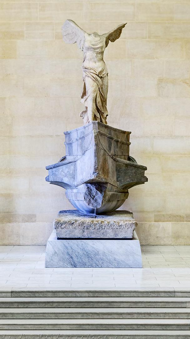 The Victory of Samothrace on top of the staircase to the second floor of the Louvre Museum. A Greek marble sculpture of Nike (goddess of victory) that was probably created around the 2nd century BC.jpg