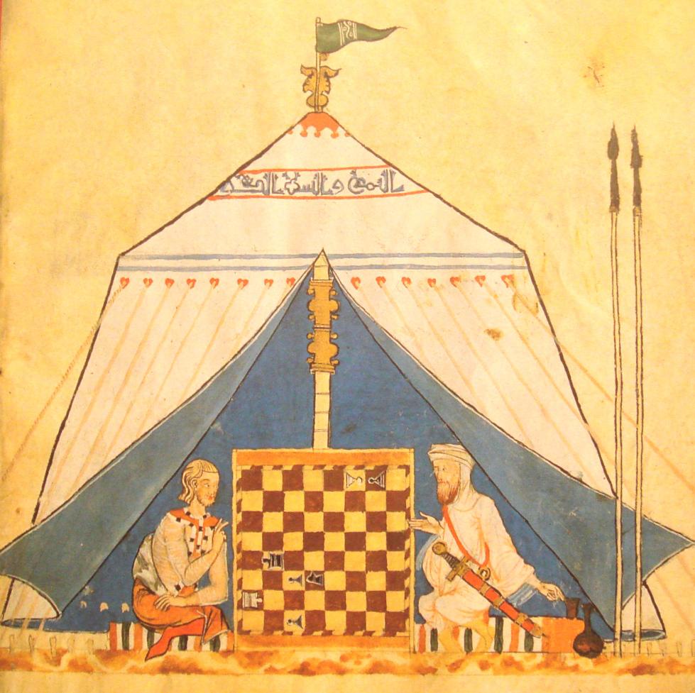 Depiction of a Christian and a Muslim playing chess. The Libro de los Juegos (Book of Games), a 1283 Castilian translation of Arabic texts on chess, dice, and other games.jpg