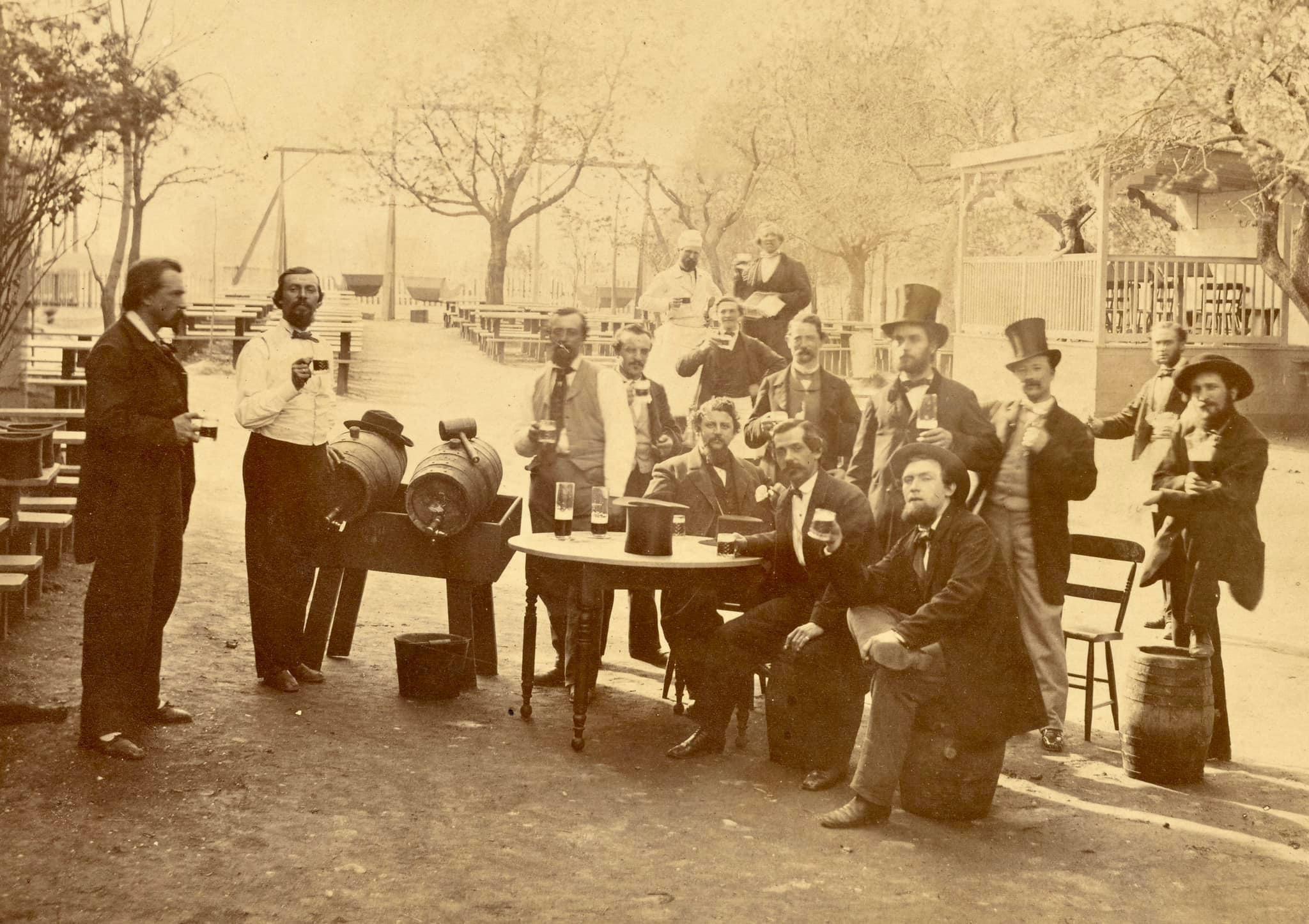 Men drinking beer. Jones Wood, New York in 1865.jpg