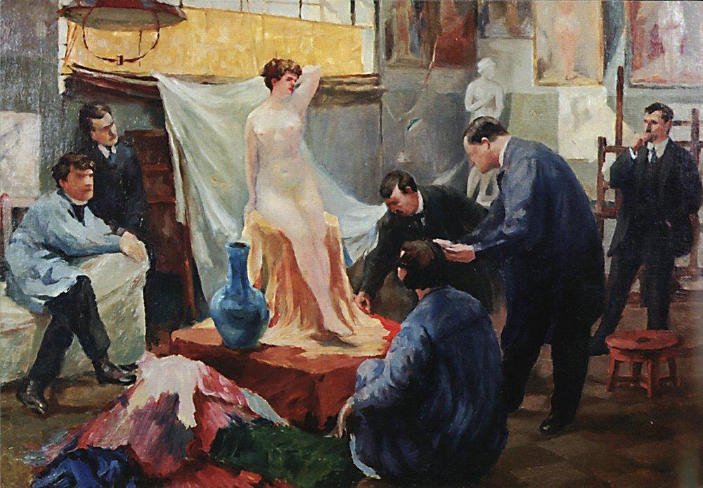 Борис Кустодиев. Постановка натуры в мастерской И.Е.Репина, 1899.jpg
