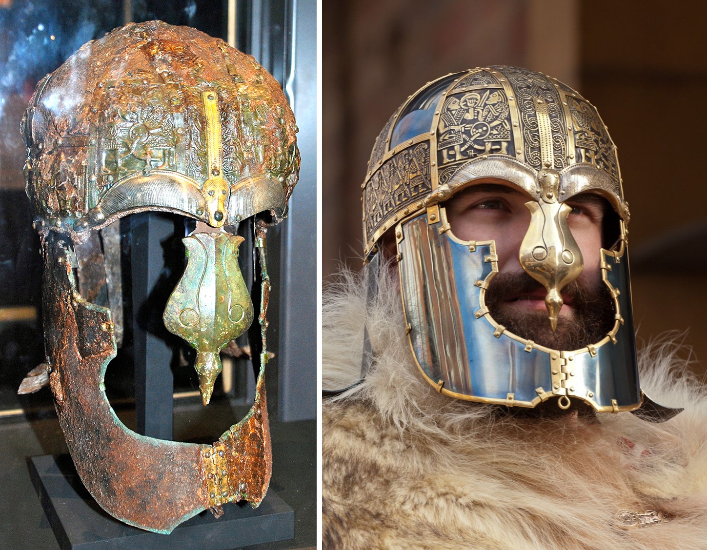 a helmet made of iron and bronze found in a ship burial in Vendel, Sweden. 700 CE, Vendel Period (550-800 CE), now housed at the Swedish History Museum in Stockholm.jpg