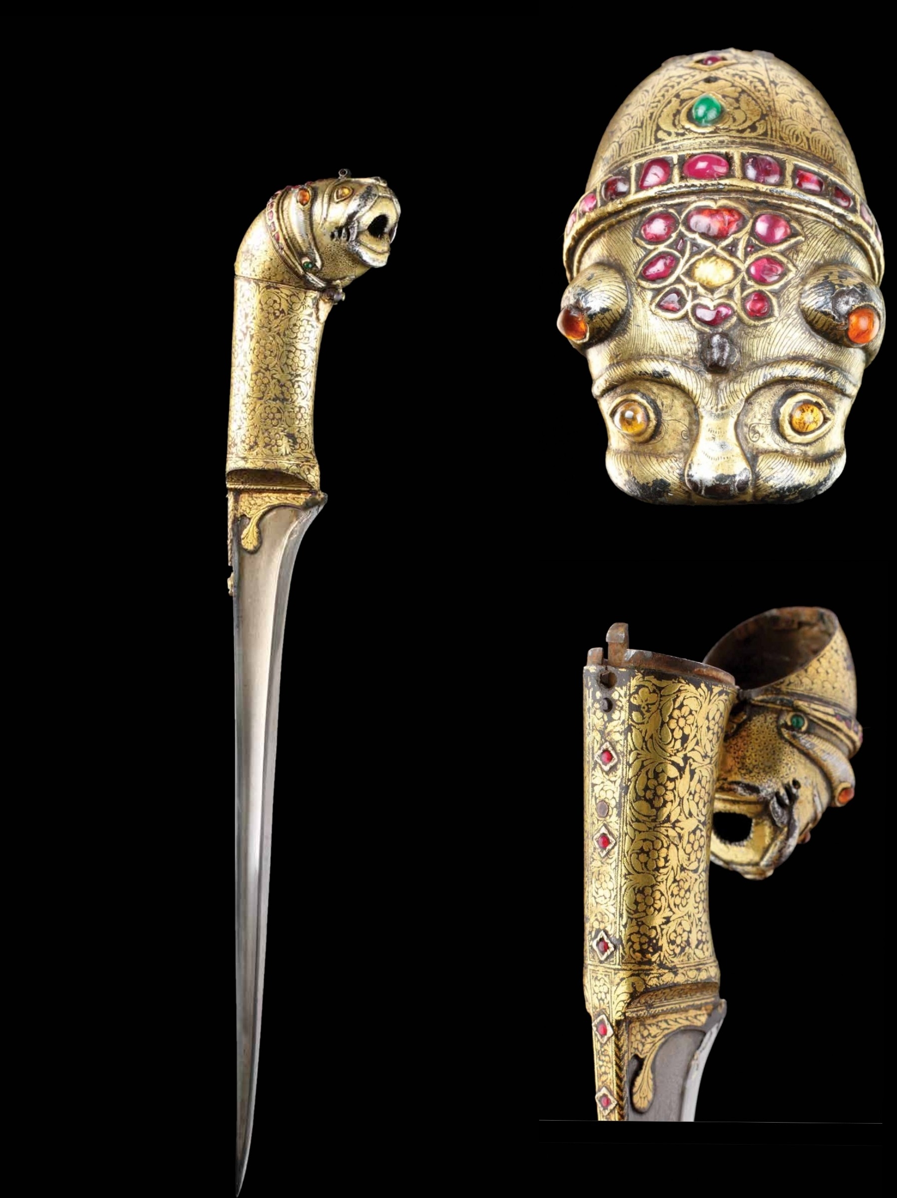 Peshkqbz dagger, 18th Century, Rajasthan, India. Made of Damascus steel and damascened in gold, studded with emerald, citrines and rubies.jpg