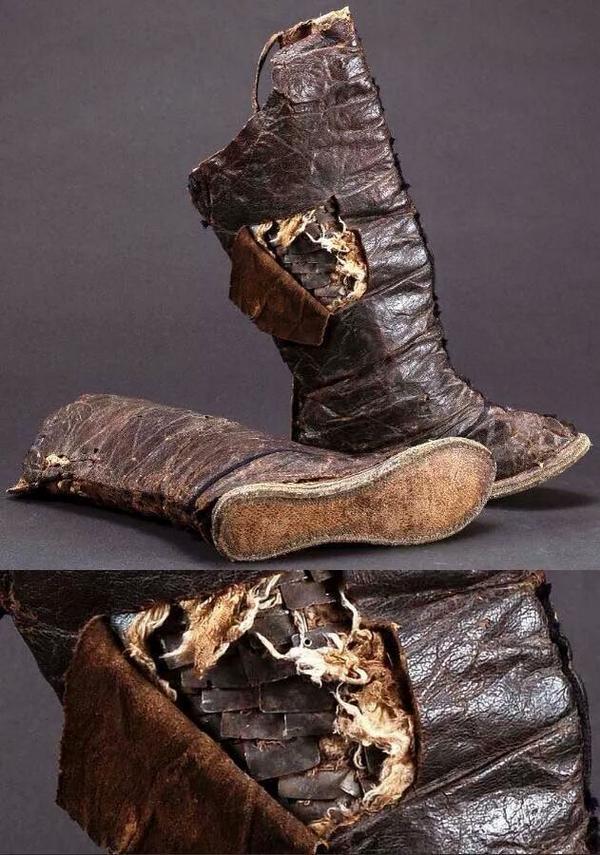 Mongolian armored boots of leather and iron, 15th to 16th century. The National Museum of Mongolian History, Ulaanbaatar.jpg