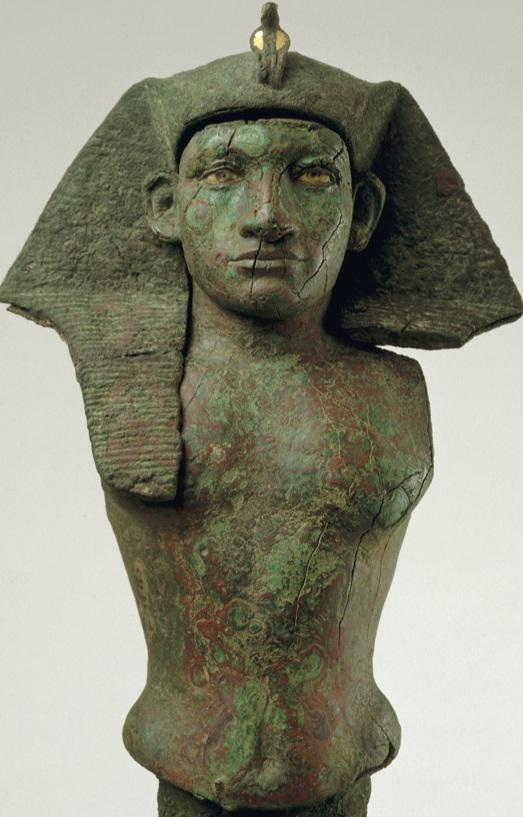 A copper alloy bust of the pharaoh Amenemhat III, from Hawara necropolis at Faiyum, Egypt. Middle Kingdom,12th Dynasty, 1843-1798 BCE, now part of the private collection of George Ortiz.jpg