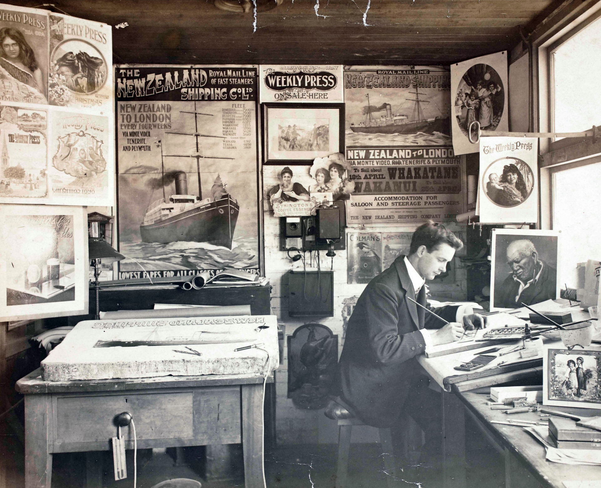Man creating a lithograph for 'The Weekly Press' in Christchurch, New Zealand circa 1899-1909.JPG