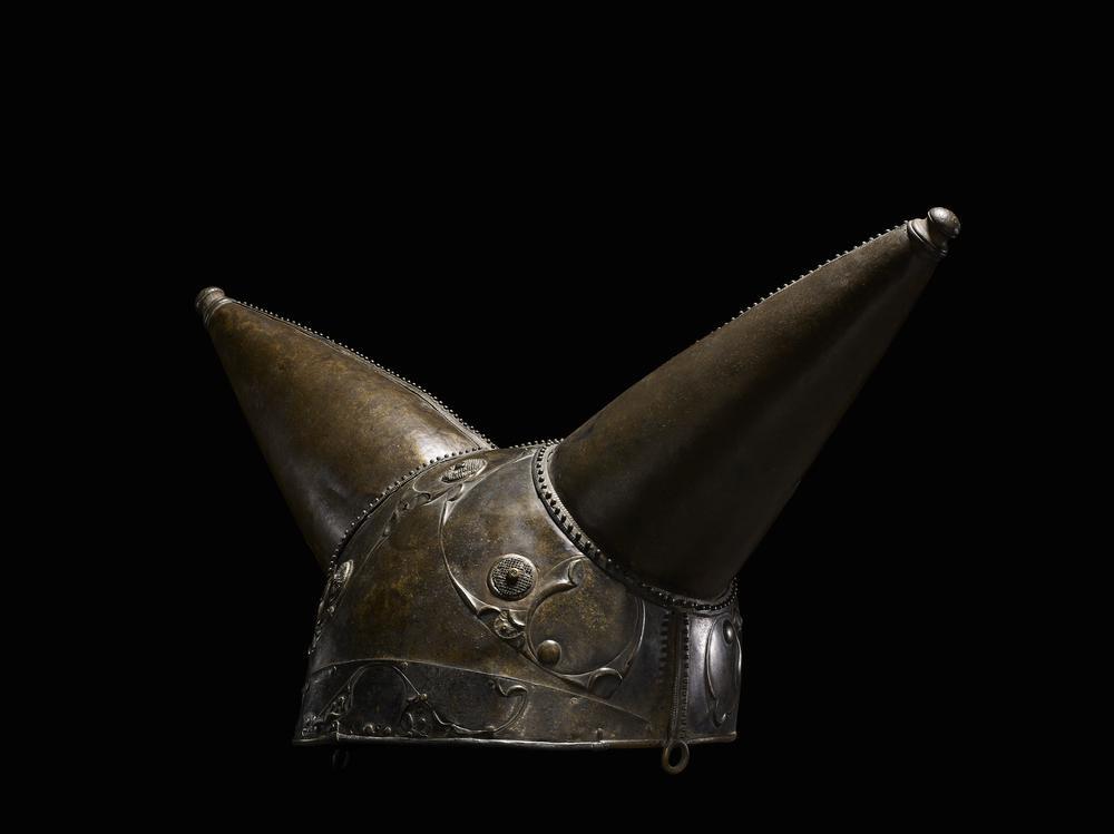 Celtic bronze ceremonial helmet discovered in the River Thames (Iron Age, c. 150-50 BC).jpg