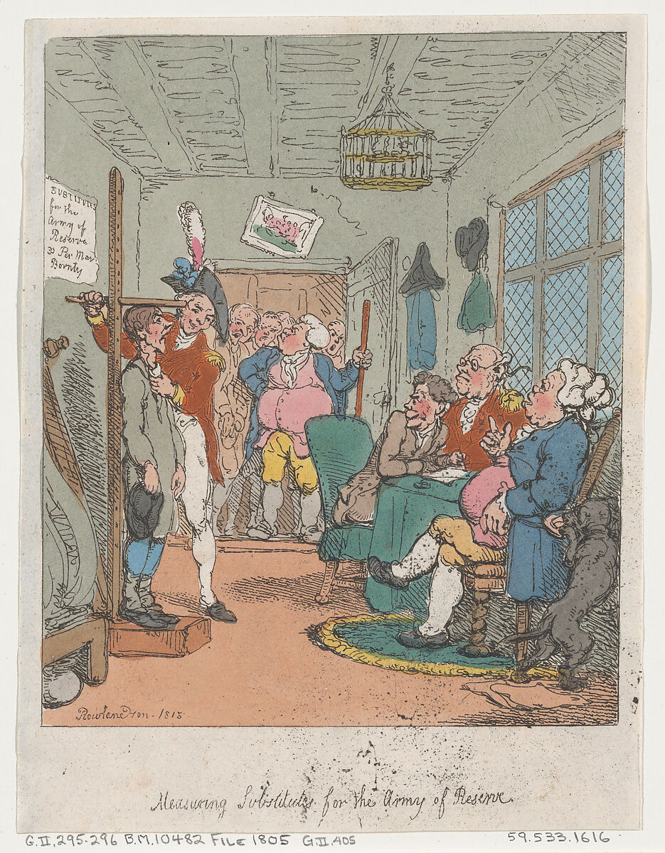 Thomas Rowlandson. Measuring Substitutes for the Army of Reserve, 1815.jpg