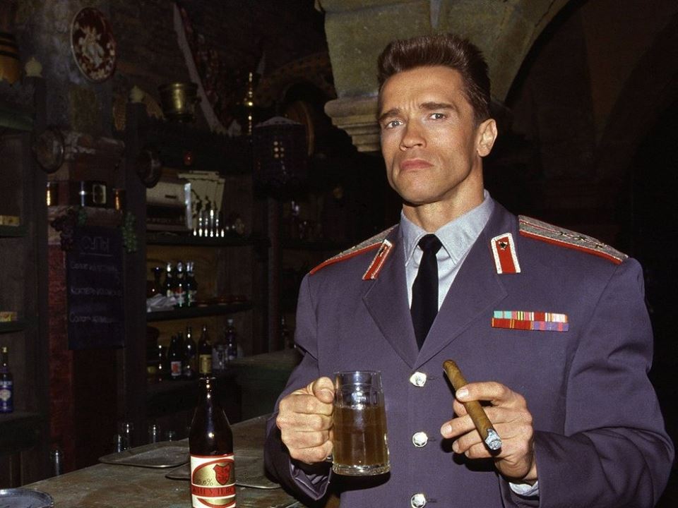 Arnold Schwarzenegger during the filming of Red Heat, in 1988, in which he played the Soviet policeman Ivan Danko.jpg