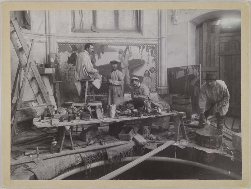Axel Gallén and his assistants painting the fresco Spring in the Jusélius Mausoleum in Pori, ca.1902.jpg
