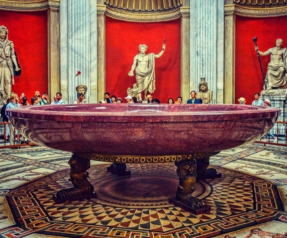 Great bathtub of Emperor Nero, made of porphyry. The object was originally located in Nero’s palace (Domus Aurea); it is now in the Vatican museums in Rome.jpg