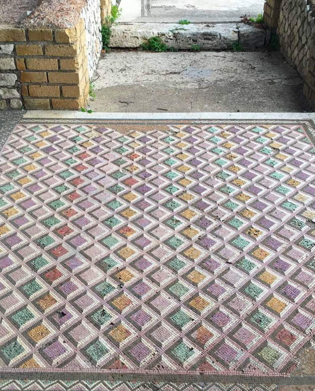 A beautiful polychrome floor mosaic at the ancient Roman Villa dei Volusii in the municipality of Fiano Romano, Italy, 1st century BCE.jpg