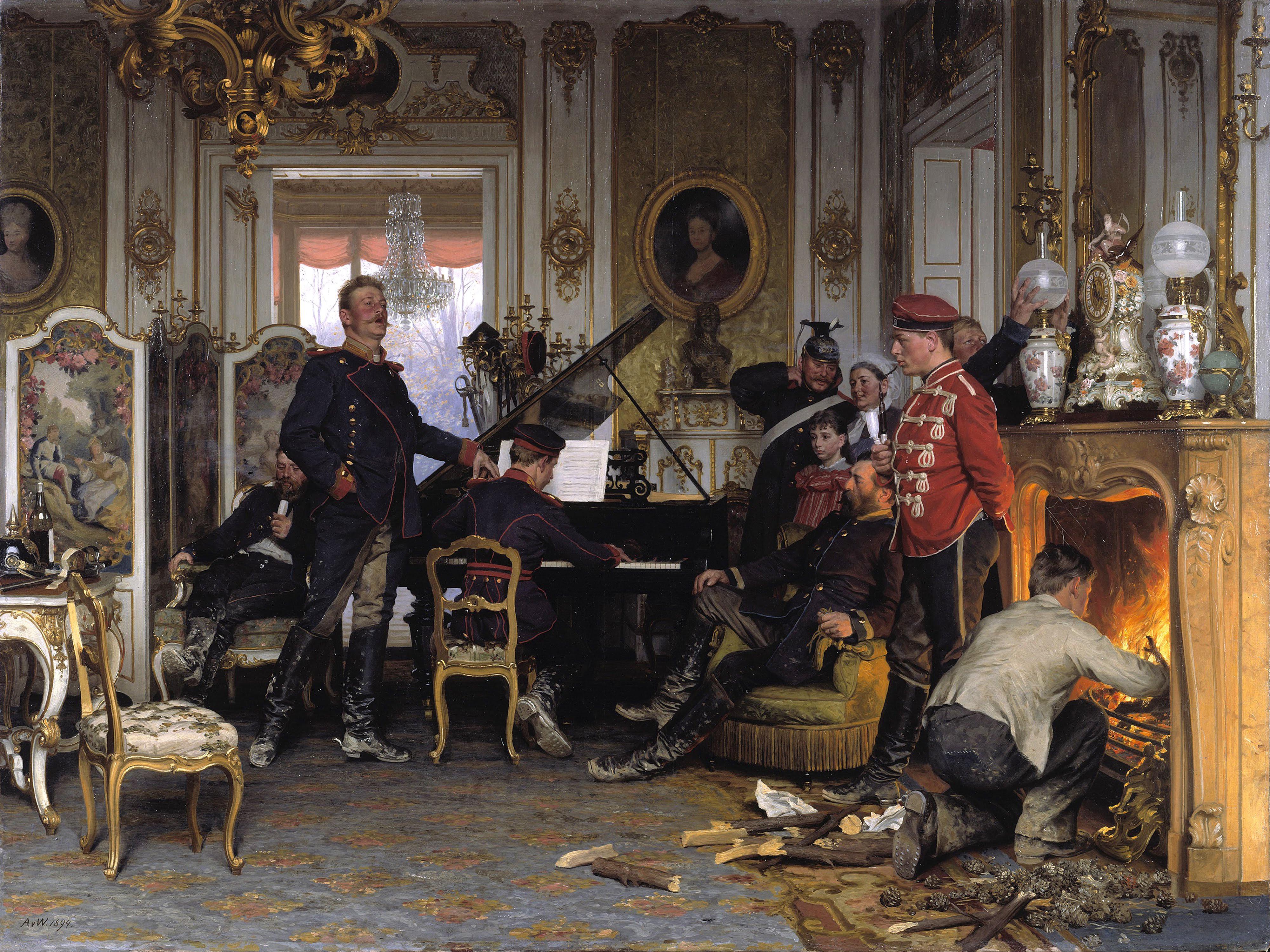 In the Troops' Quarters outside Paris by Anton von Werner, 1894.jpg