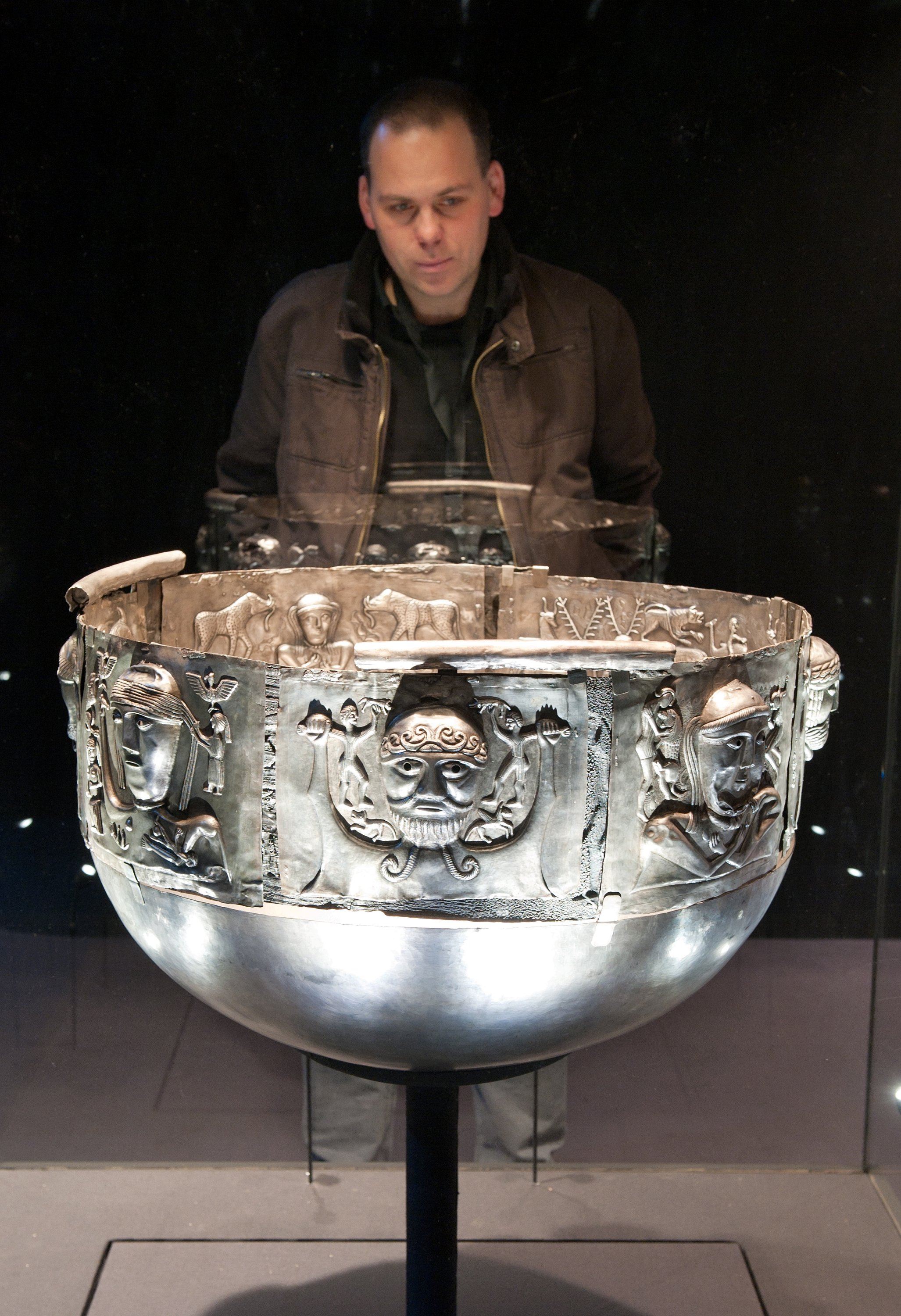 The Gundestrup cauldron, thought to date from between 150 BCE and 1 BCE. The cauldron is the largest known example of European Iron Age silver work. Now housed at the National Museum of Denmark.jpg