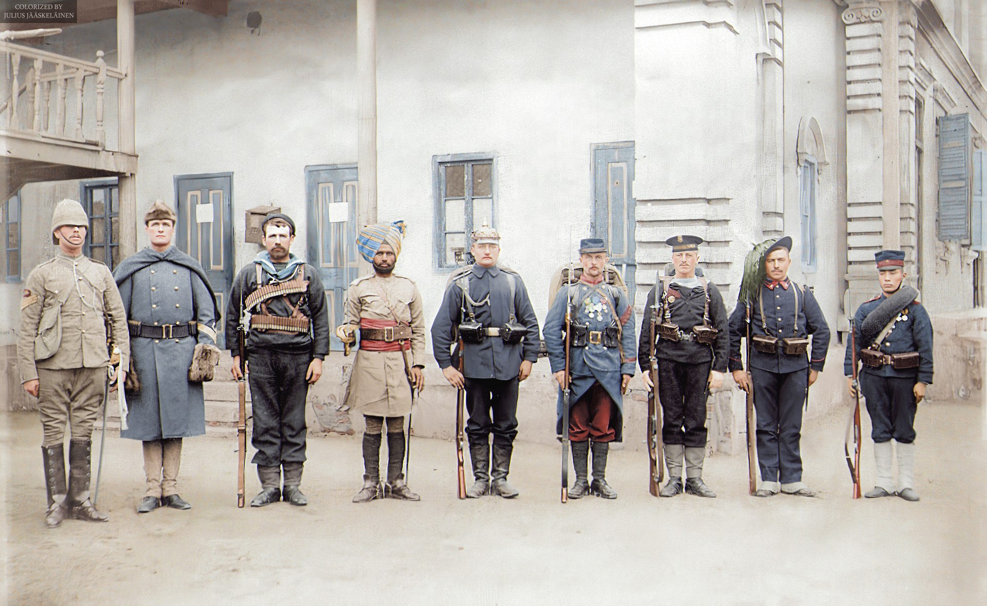 Troops of the Eight-Nation Alliance in 1900 (Russia excepted), left to right Britain, United States, Australia, India, Germany, France, Austria-Hungary, Italy, Japan.jpg